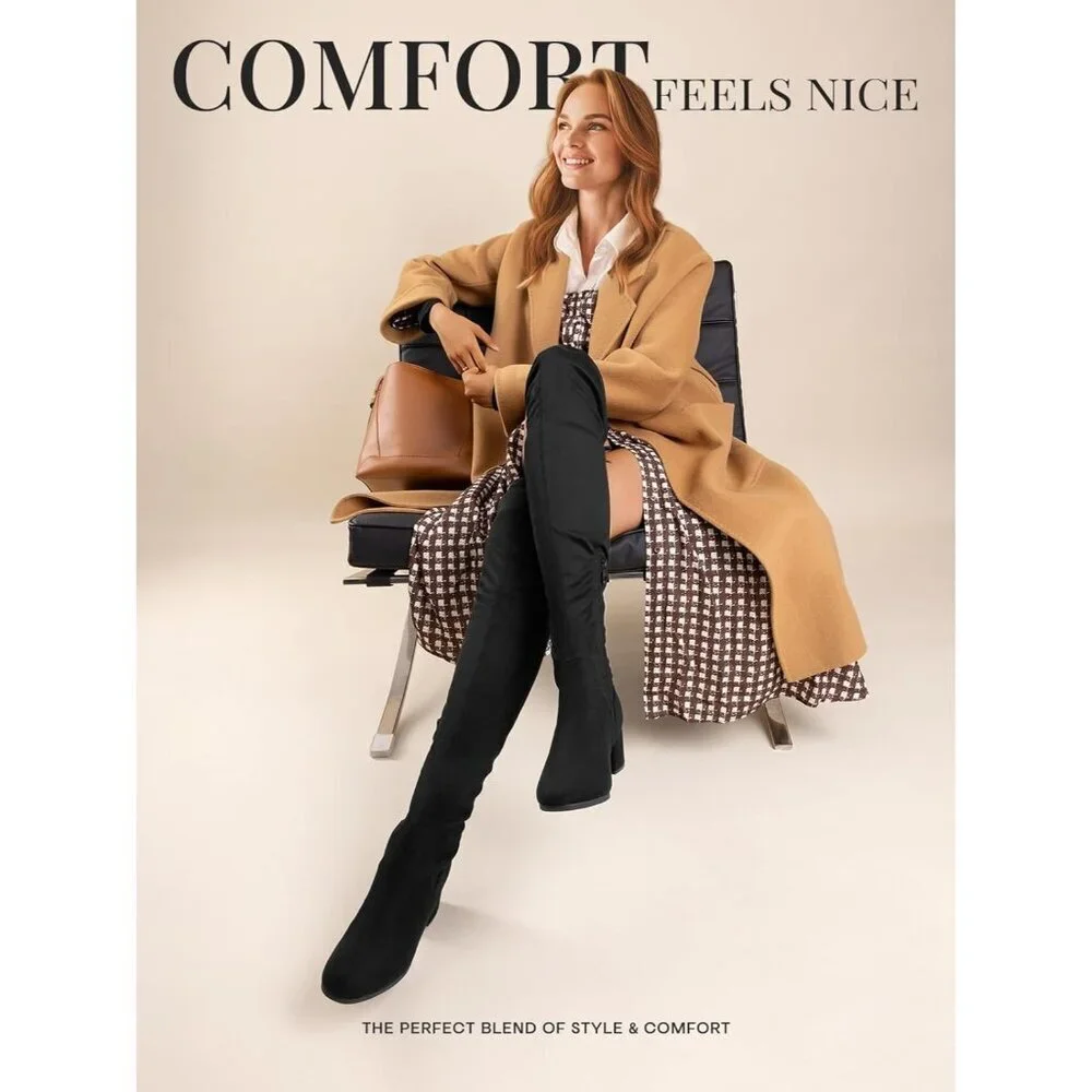 Women's Black Faux Leather Over The Knee Thigh High Chunky Heel Long Boots